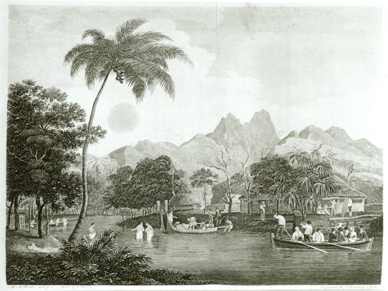 Missionari europei in un villaggio tahitiano, da Un viaggio missionario nell