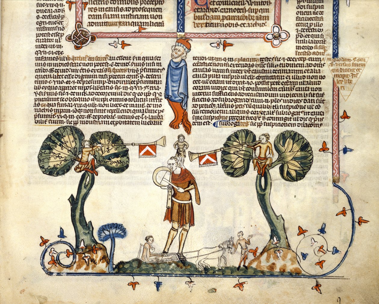Uomo che suona un piffero e un tamburo, dai Decretali di Smithfield, c.1340 da English School