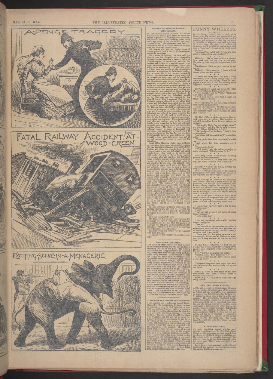 "INCIDENTE FERROVIARIO MORTALE A WOOD-GREEN". Illustrated Police News, 9 marzo 1895 (carta di giornale) da English School