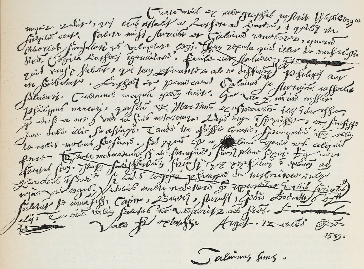 Facsimile della scrittura di Calvino, illustrazione da La storia del protestantesimo di James Aitken Wylie (1808-1890), pub. 1878 da English School