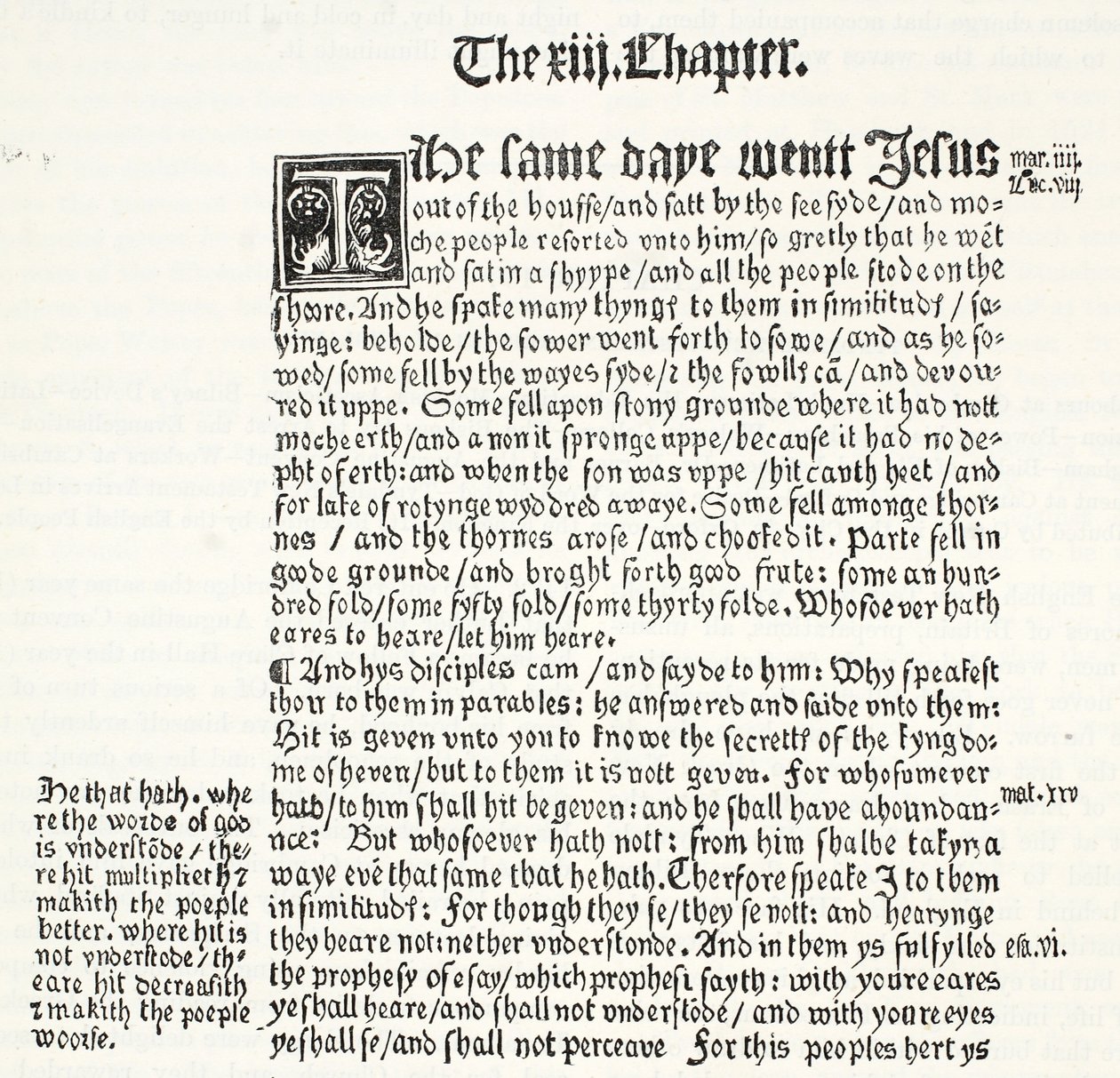 Facsimile del Vangelo di San Matteo, Capitolo XIII, versetti 1-15, dal Testamento di Tyndale, illustrazione da The History of Protestantism di James Aitken Wylie, pub. 1878 da English School
