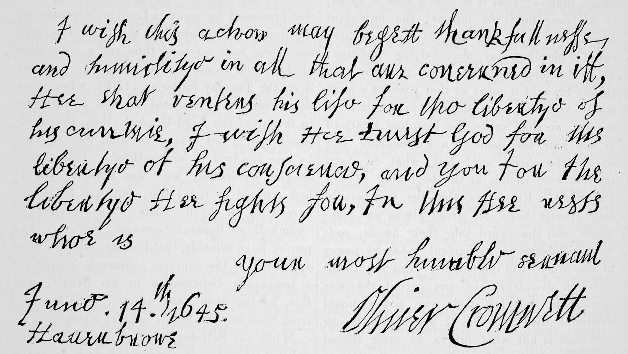 Facsimile di una parte della lettera scritta da Cromwell a Lenthall, Speaker della Camera dei Comuni, annunciando la Vittoria di Naseby da English School