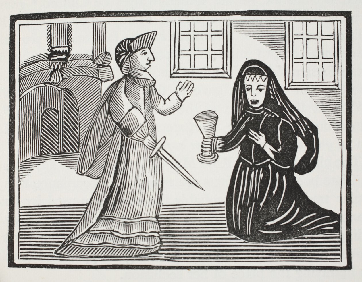 La bella Rosamond avvelenata dalla regina Eleonora, illustrazione da Chap-books del XVIII secolo di John Ashton, pub. 1882 da English School