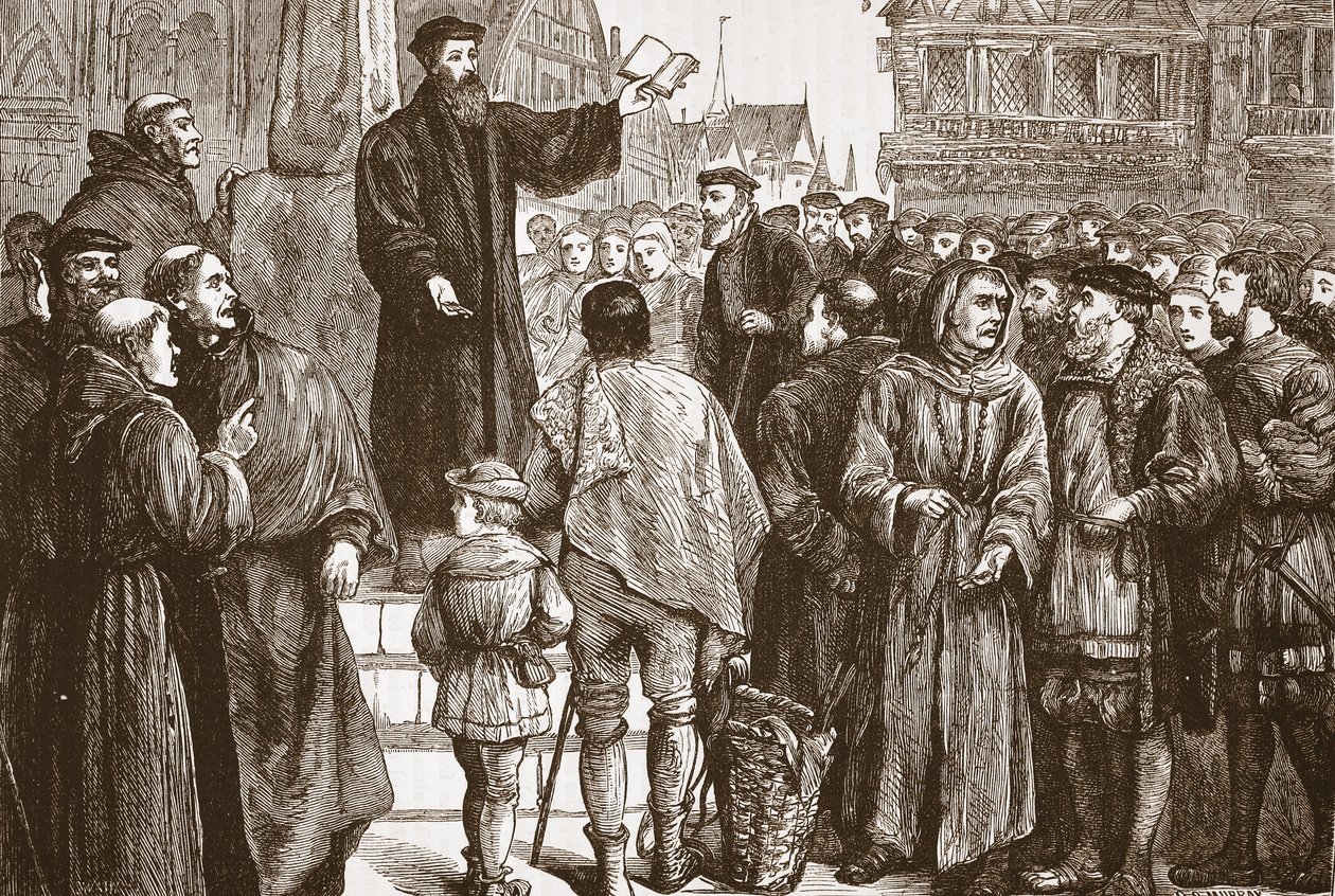 Farel che predica nella piazza del mercato di Neuchatel, illustrazione da La storia del protestantesimo di James Aitken Wylie (1808-1890), pub. 1878 da English School