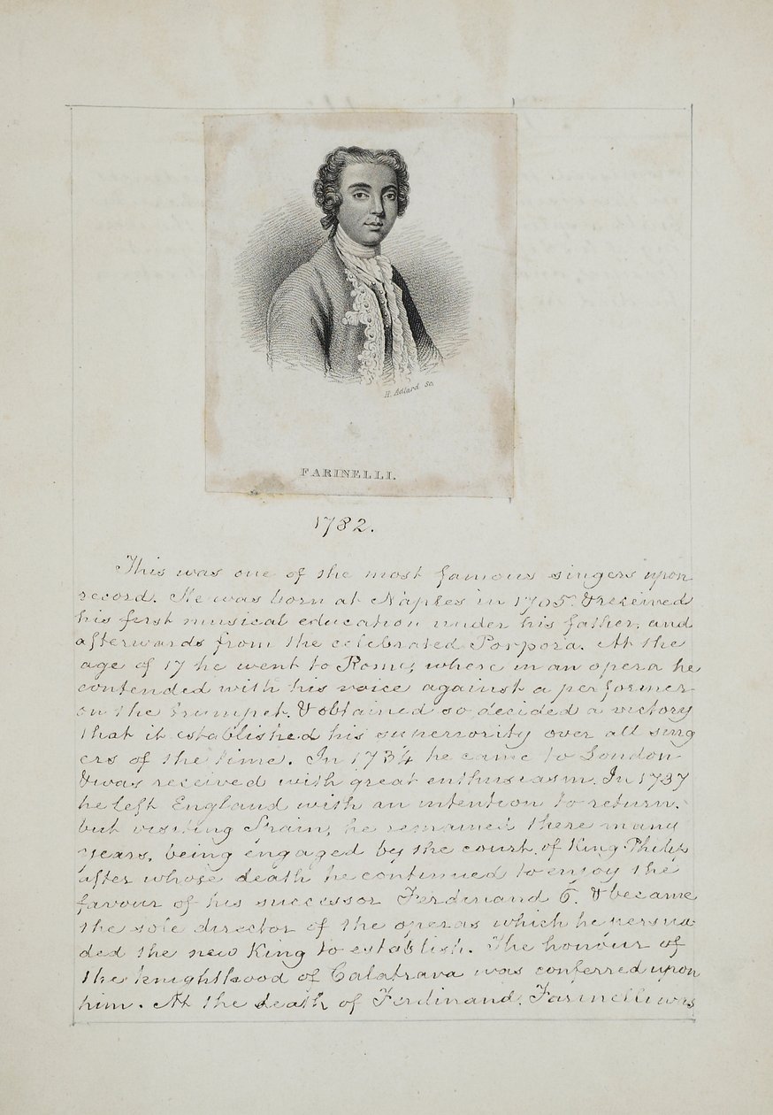 Farinelli, inciso da Henry Adlard (fl.1828-69), c.1830 (incisione e penna e inchiostro su carta) da English School