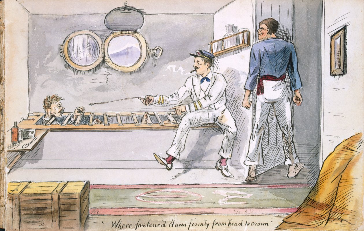 Fissato saldamente dalla testa alla corona... - il Reverendo riceve un trattamento da marinaio per il mal di mare, da Ye Pilgrimage of ye Revnd. Simpleheart, Adventures of a naive Missionary in the South Seas da English School
