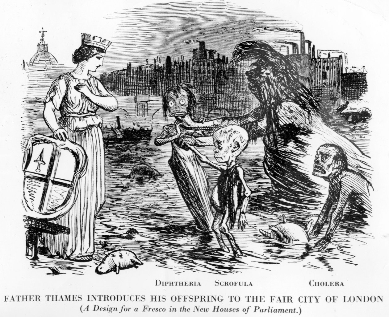 Padre Tamigi presenta la sua prole alla bella città di Londra, la prole è difterite, scrofola e colera. Più una fogna a cielo aperto che un fiume, lo stato disgustoso del Tamigi a Londra da English School