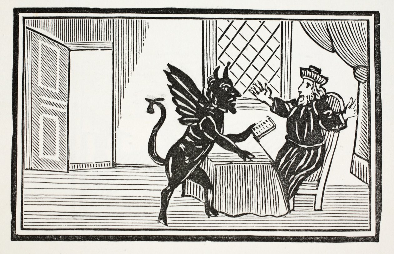 Faustus avvertito dallo Spirito di aspettarsi la sua fine, illustrazione da Chap-books of the Eighteenth Century di John Ashton, pub. 1882 da English School