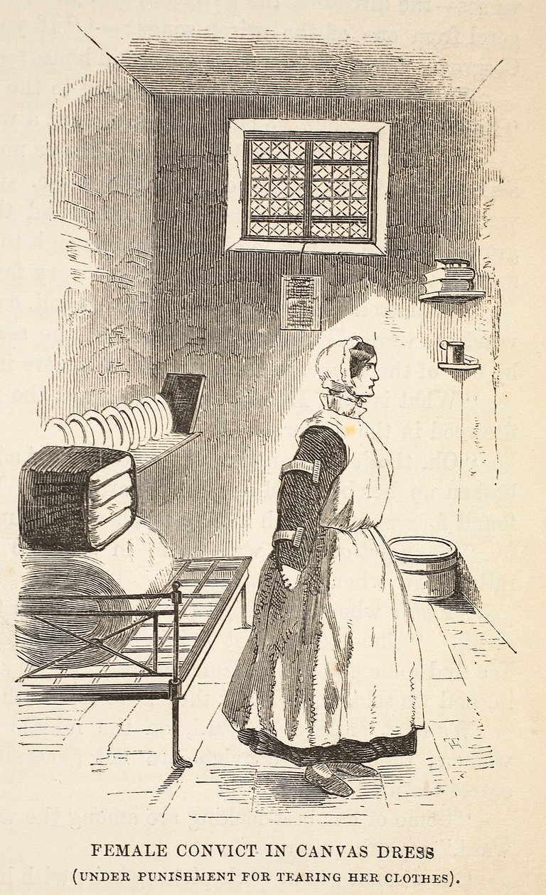 Detenuta in abito di tela (sotto punizione per aver strappato i suoi vestiti), illustrazione da Le Prigioni Criminali di Londra e Scene dalla Vita Carceraria di Henry Mayhew e John Binny, pub. 1862 da English School
