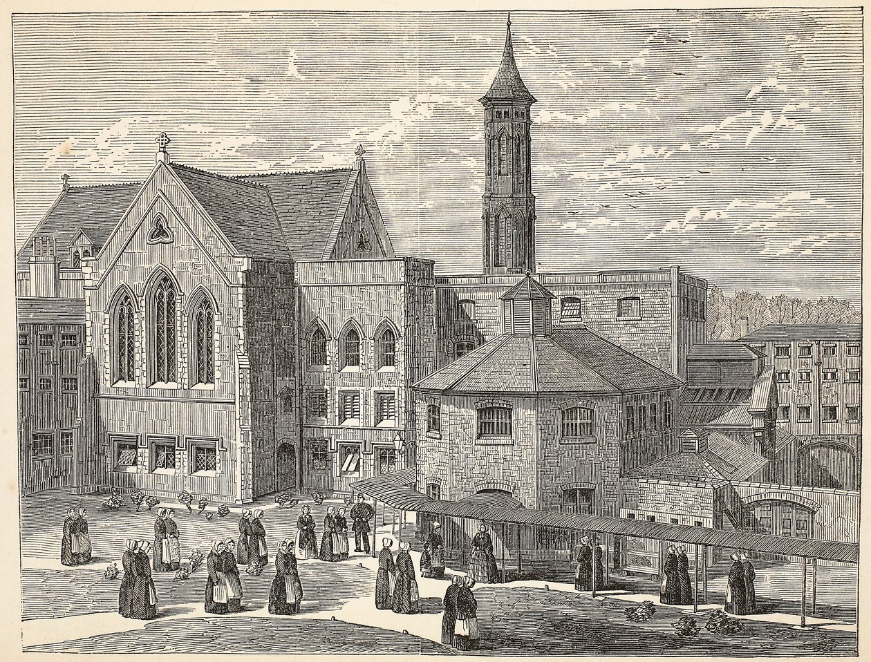 Detenute che si esercitano nel cortile di Brixton Prison, illustrazione da The Criminal Prisons of London and Scenes from Prison Life di Henry Mayhew e John Binny, pub. 1862 da English School