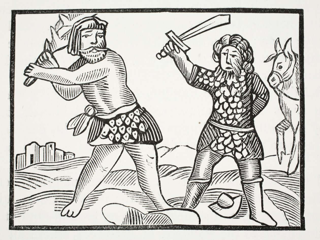 Ferragus solleva un potente esercito e assedia la città di Acquitain, illustrazione da Chap-books of the Eighteenth Century di John Ashton, pub. 1882 da English School