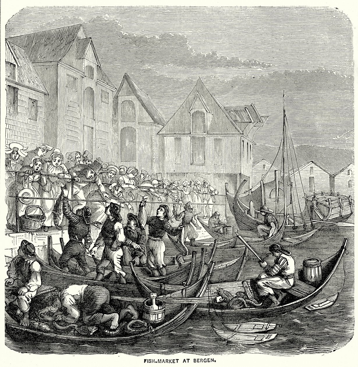 Mercato del pesce a Bergen (incisione) da English School