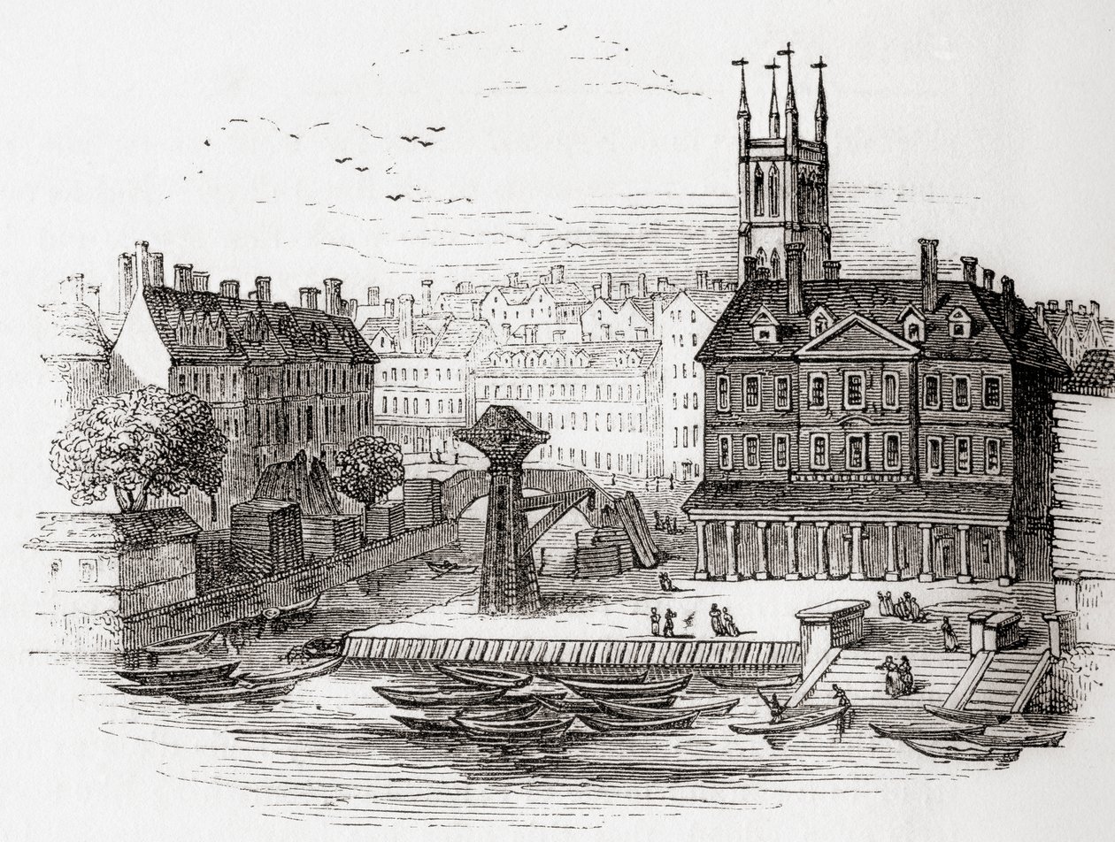 Fleet Ditch, Londra, Inghilterra nel 1749 al punto in cui sfociava nel Tamigi a Bridewell, da Old England: A Pictorial Museum, pub. 1847 da English School