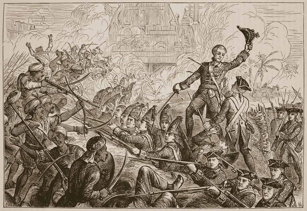 La difesa del ridotto di Tanjore da parte di Fletcher, illustrazione da Cassells Illustrated History of India di James Grant, pub. 1879 da English School
