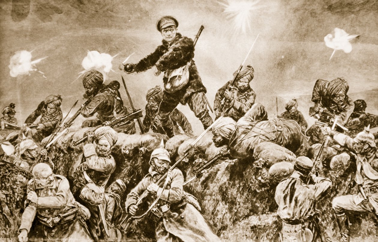 Per la gloria del Raj: Truppe indiane che caricano le trincee tedesche a Neuve Chapelle, marzo 1915, 1914-19 da English School