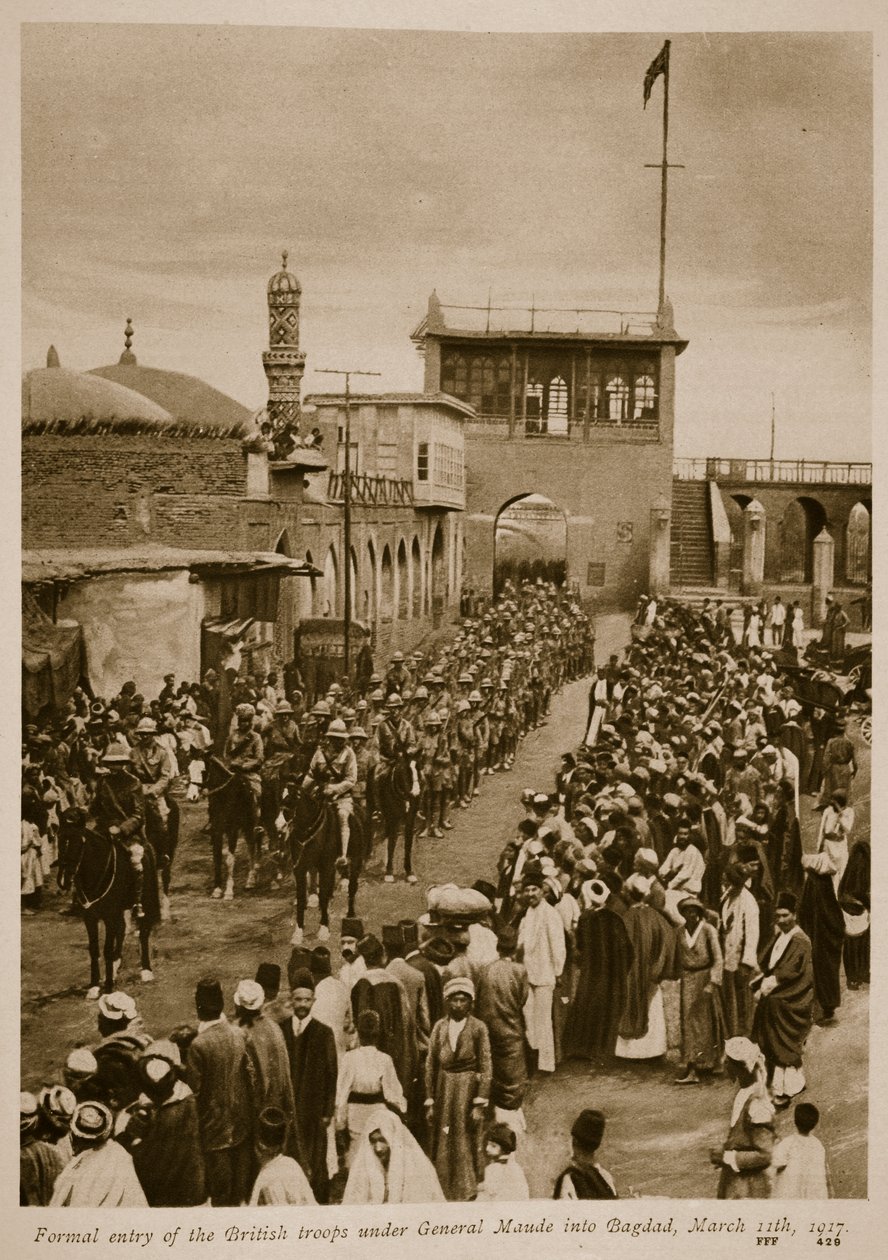 Ingresso formale delle truppe britanniche sotto il generale Maude a Baghdad, 11 marzo 1917, 1917-19 da English School