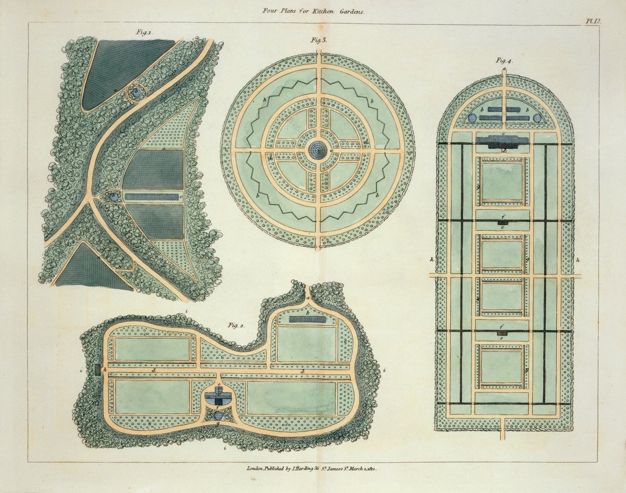 Quattro piani per orti, da Hints on the Formation of Gardens and Pleasure Grounds di John Claudius Loudon (1783-1843) pubblicato 1812 da English School