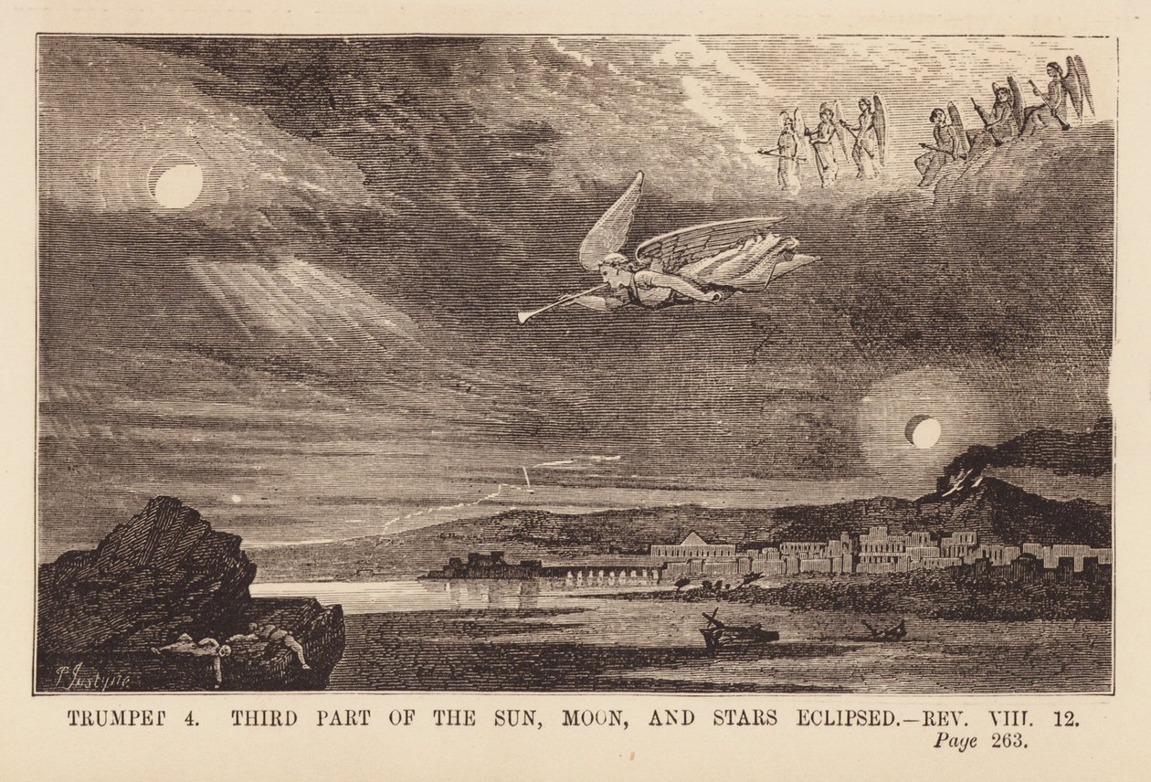 Quarto angelo che suona la tromba e oscura il sole, la luna e le stelle (incisione) da English School