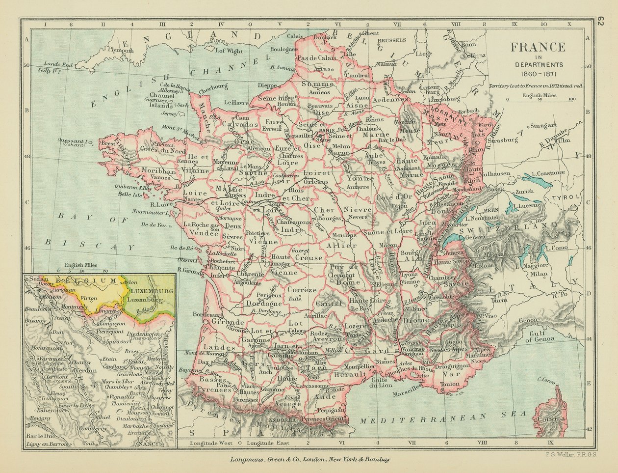 Francia in Dipartimenti (litografia a colori) da English School
