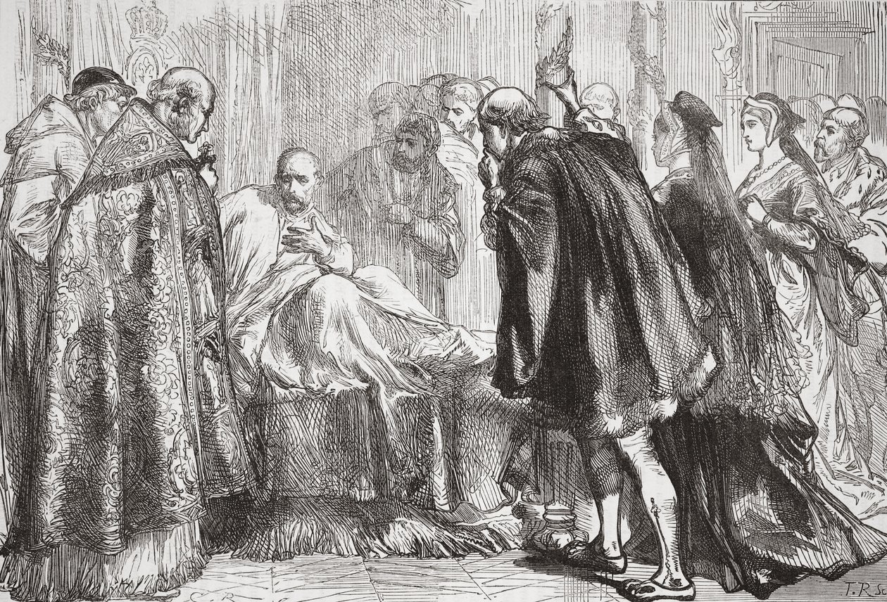 Francesco I sul letto di morte, illustrazione da La storia del protestantesimo di James Aitken Wylie (1808-1890), pub. 1878 da English School
