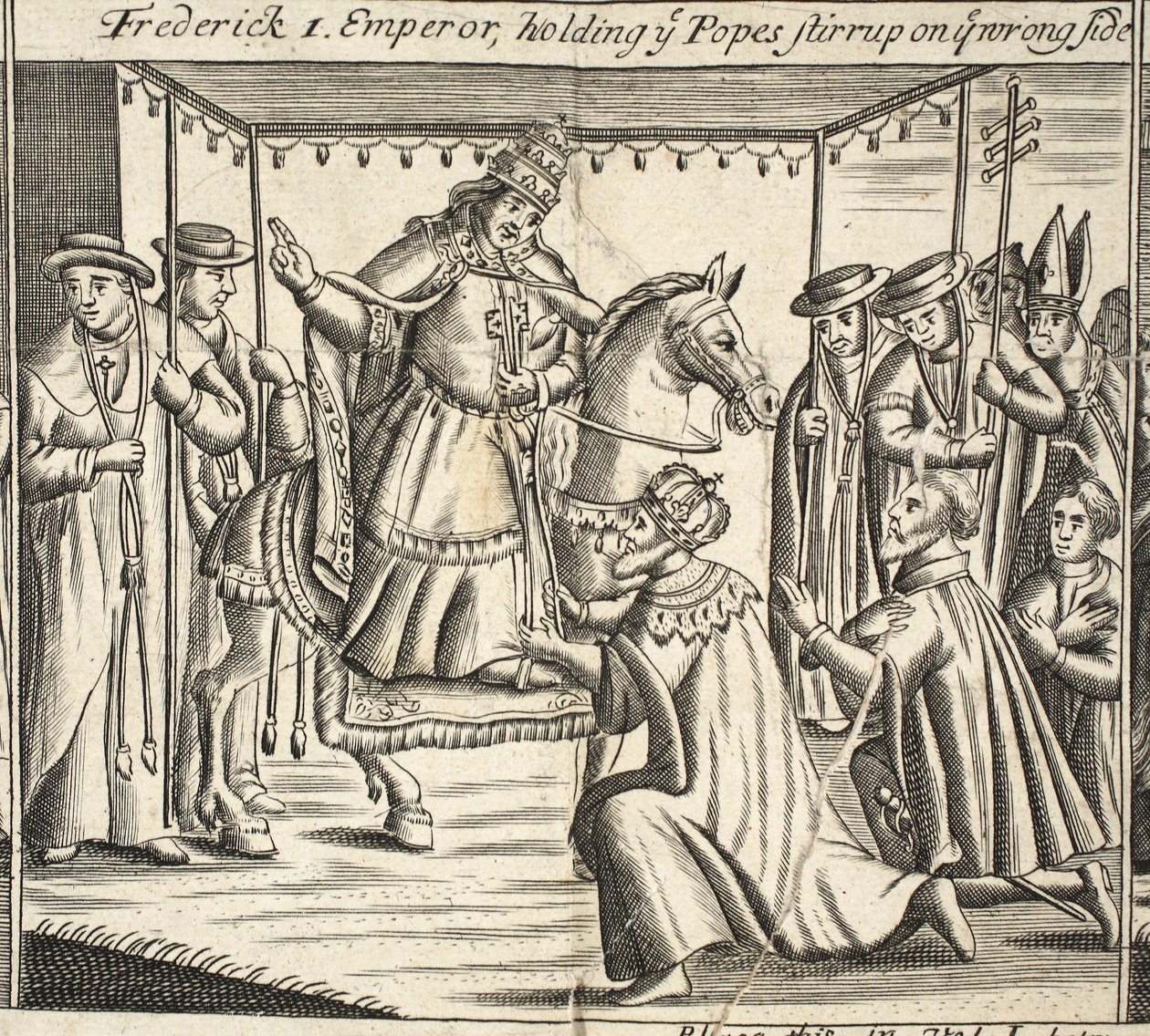 Federico I, imperatore, che tiene la staffa del Papa dal lato sbagliato, illustrazione da Atti e Monumenti di John Foxe, nona edizione, pub. 1684 da English School