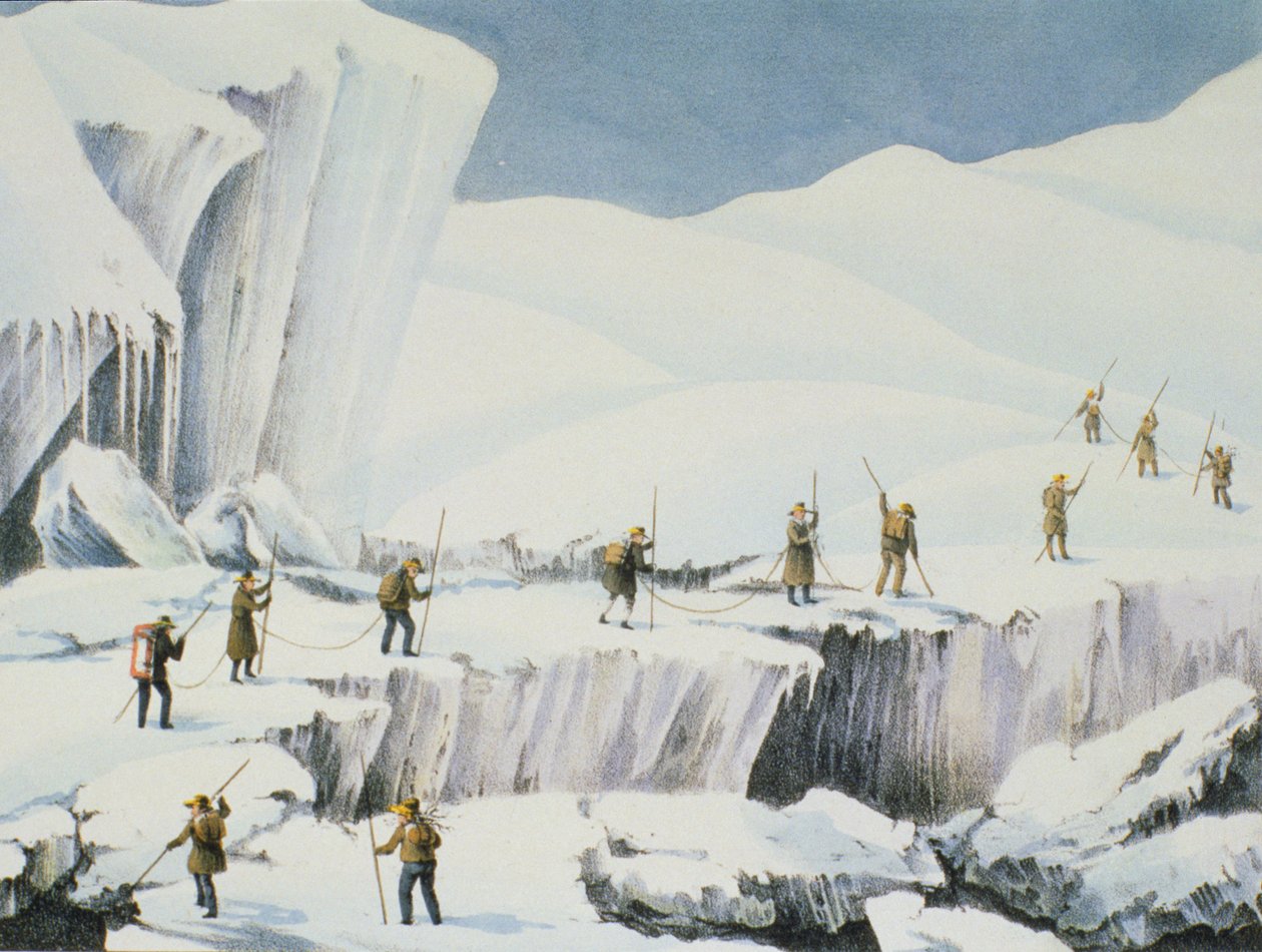 Frequenti apparizioni del ghiaccio con ponti di neve, da A Narrative of an Ascent to the Summit of Mont Blanc di Charles Fellows, pubblicato nel 1827 da English School