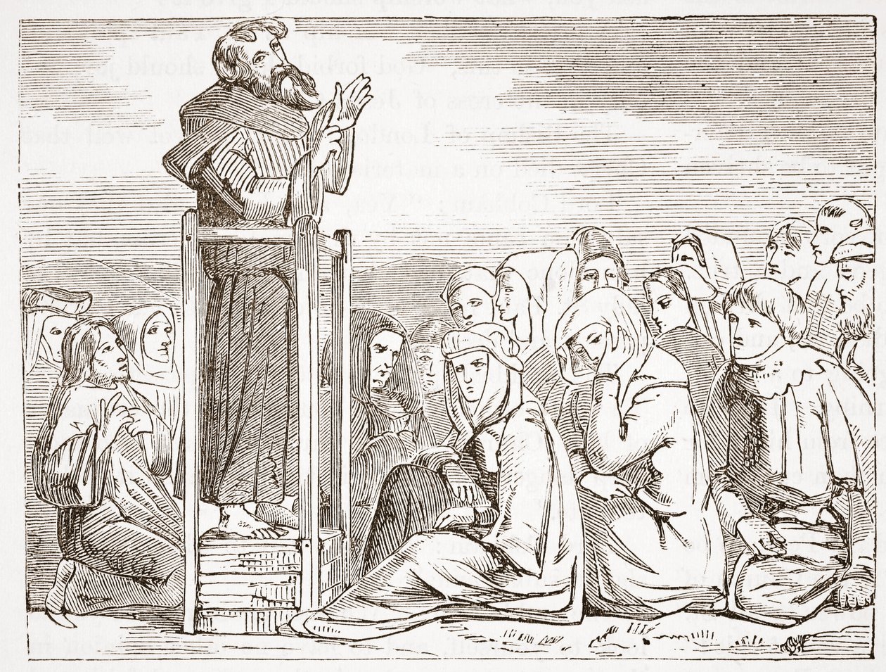 Frate che predica da un pulpito mobile, illustrazione da La storia del protestantesimo di James Aitken Wylie (1808-1890), pub. 1878 da English School