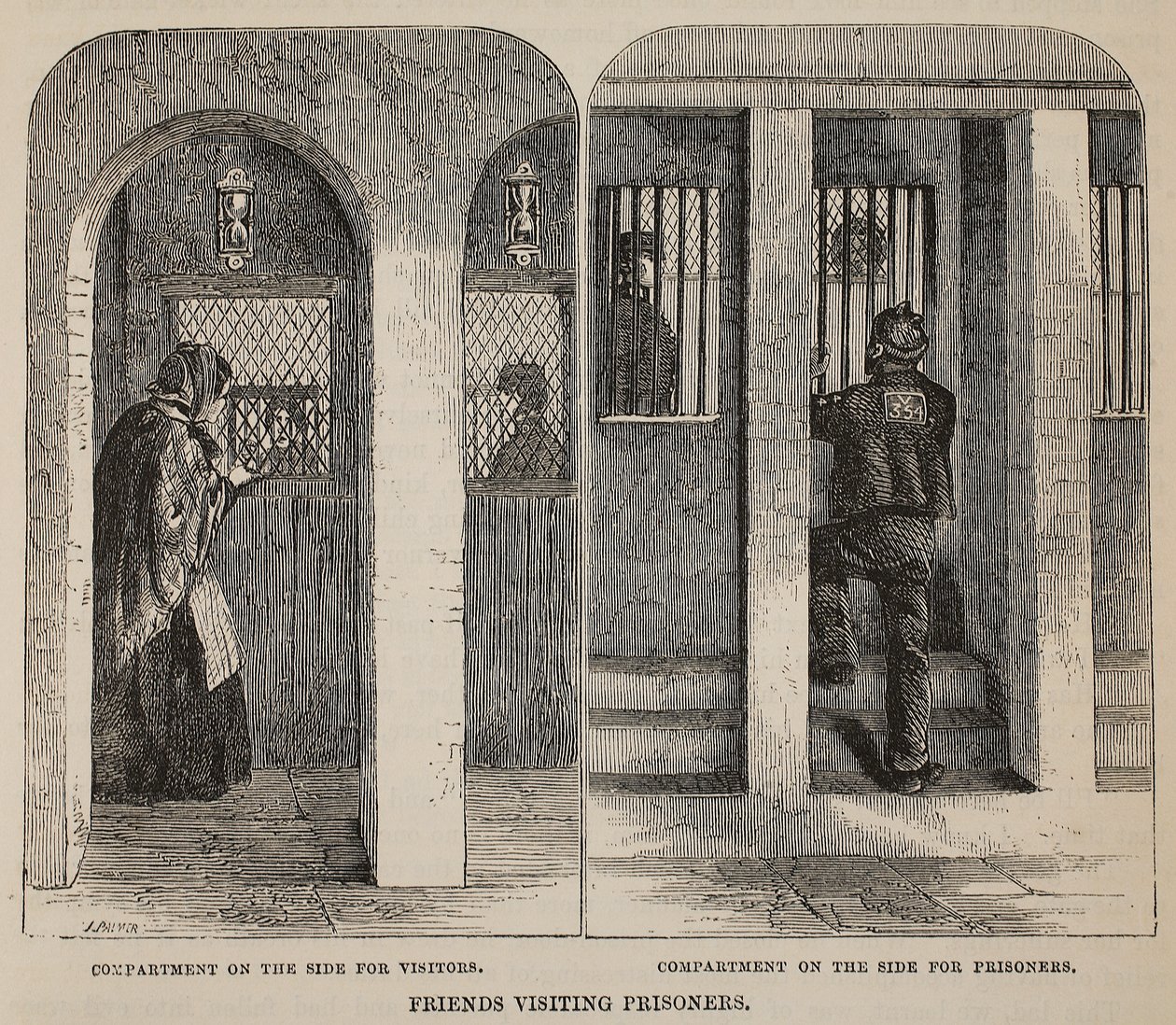 Amici che visitano i prigionieri, illustrazione da Le Prigioni Criminali di Londra e Scene dalla Vita Carceraria di Henry Mayhew e John Binny, pub. 1862 da English School
