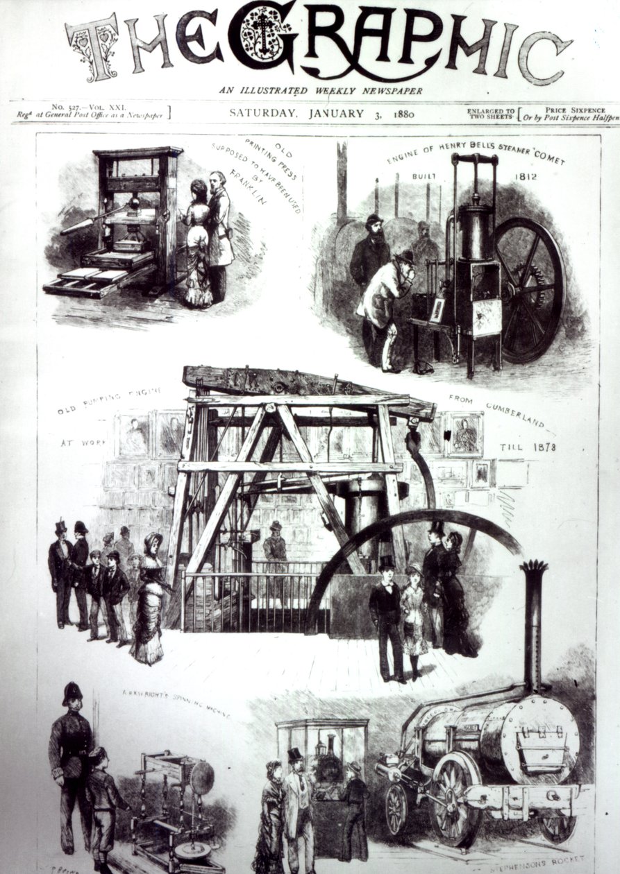 Copertina di The Graphic che mostra importanti invenzioni, 3 gennaio 1880 da English School