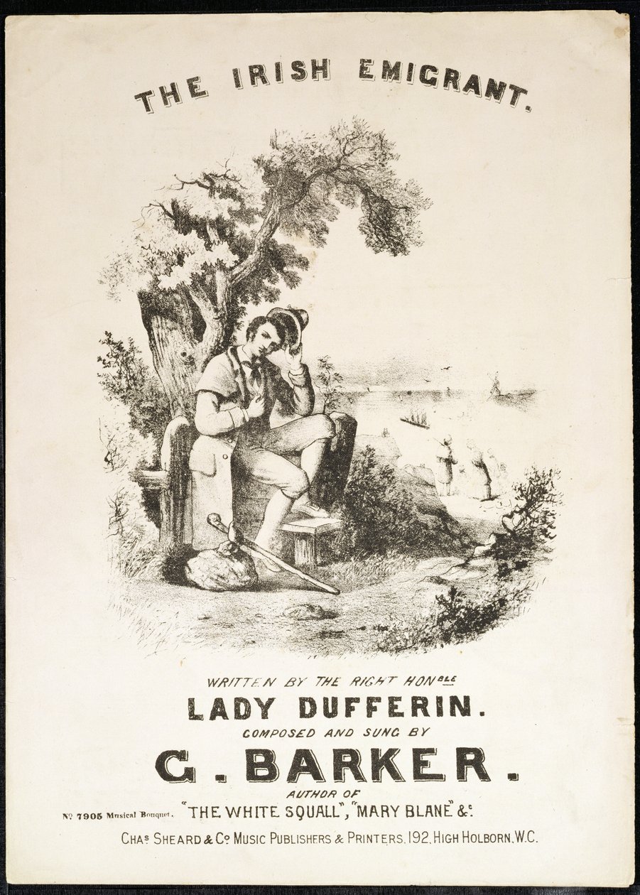 Copertina della partitura musicale per The Irish Immigrant, scritta da Lady Dufferin, composta da G. Barker da English School