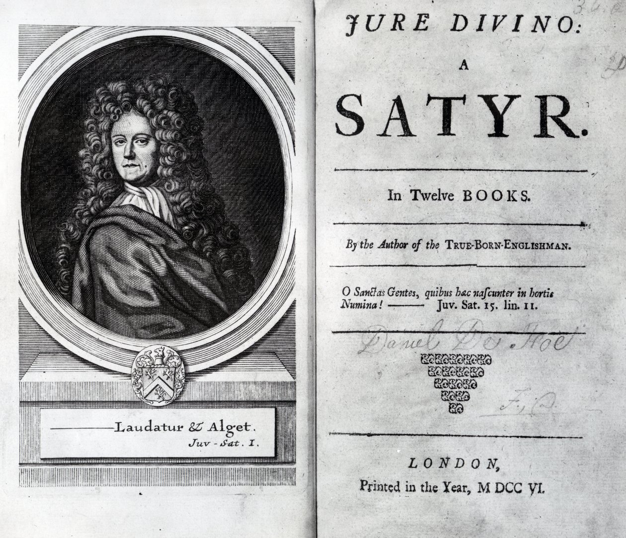 Frontespizio e pagina del titolo per Jure Divino: A Satyr di Daniel Defoe, pubblicato nel 1706 da English School