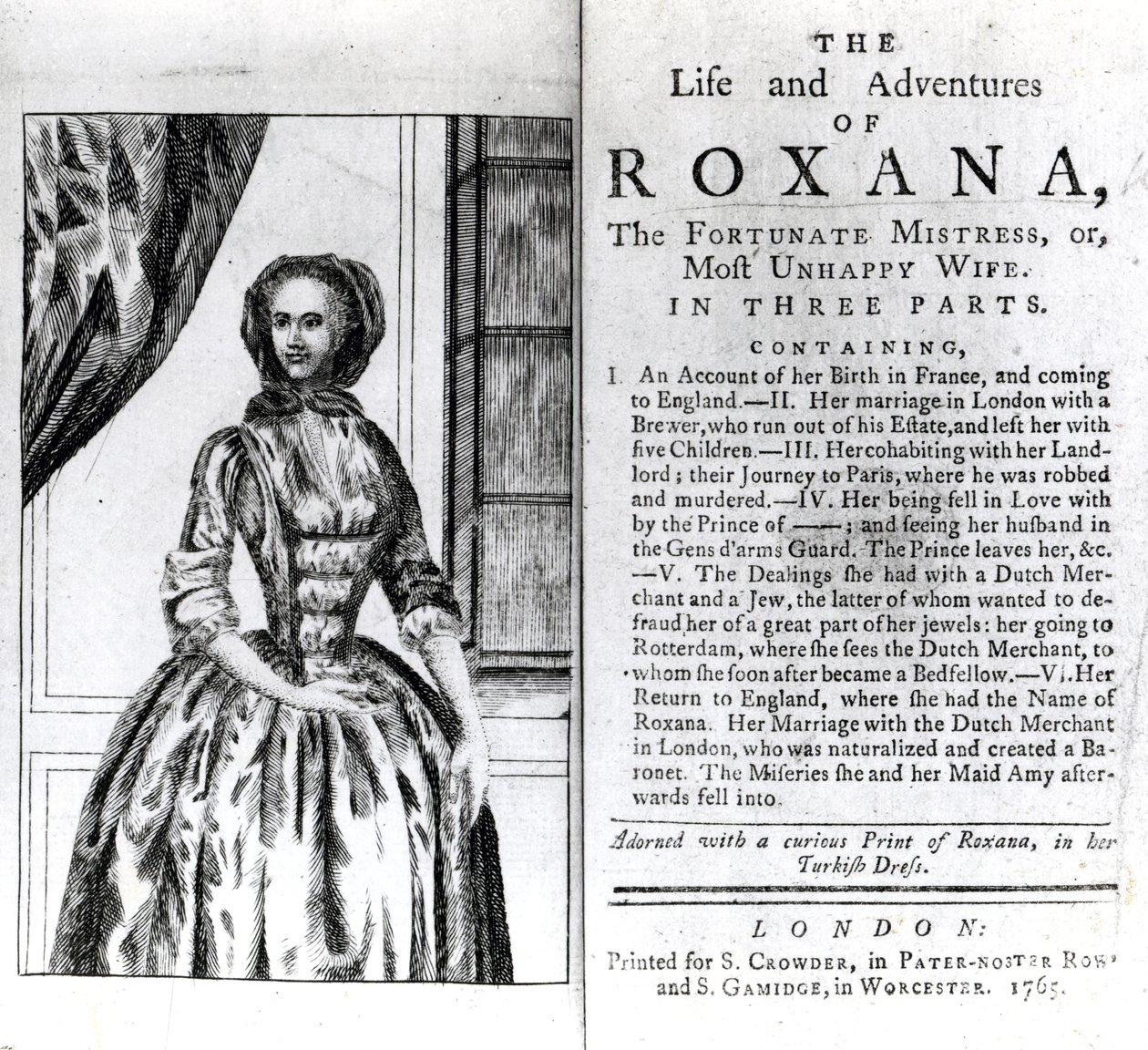Frontespizio e pagina del titolo per La vita e le avventure di Roxana di Daniel Defoe, pubblicato nel 1765 da English School