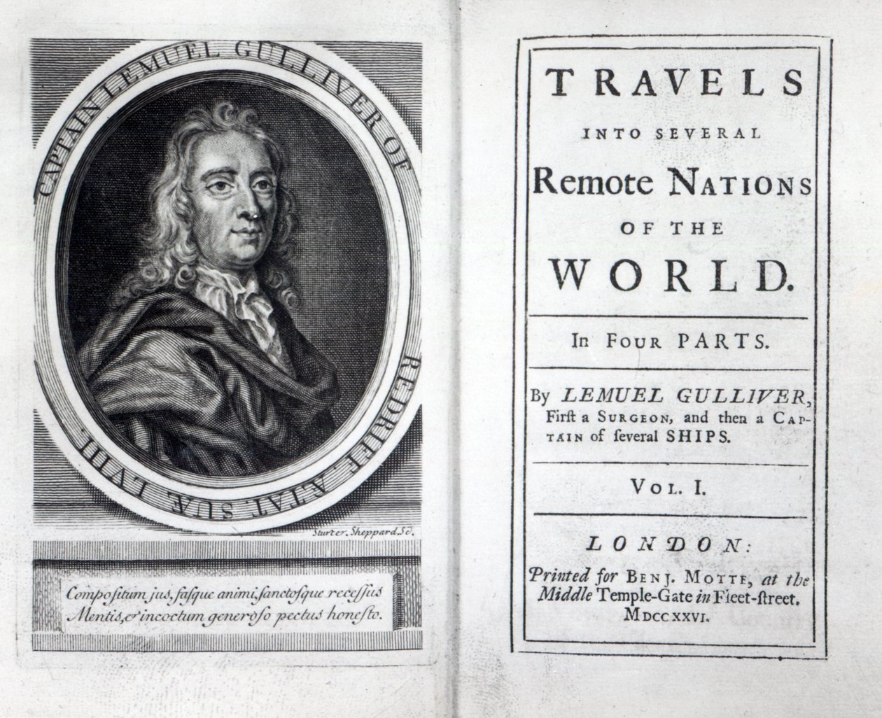 Frontespizio e pagina del titolo di I viaggi di Gulliver di Jonathan Swift, 1726 da English School