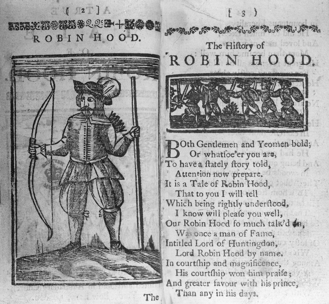 Frontespizio e righe iniziali di La storia di Robin Hood da English School