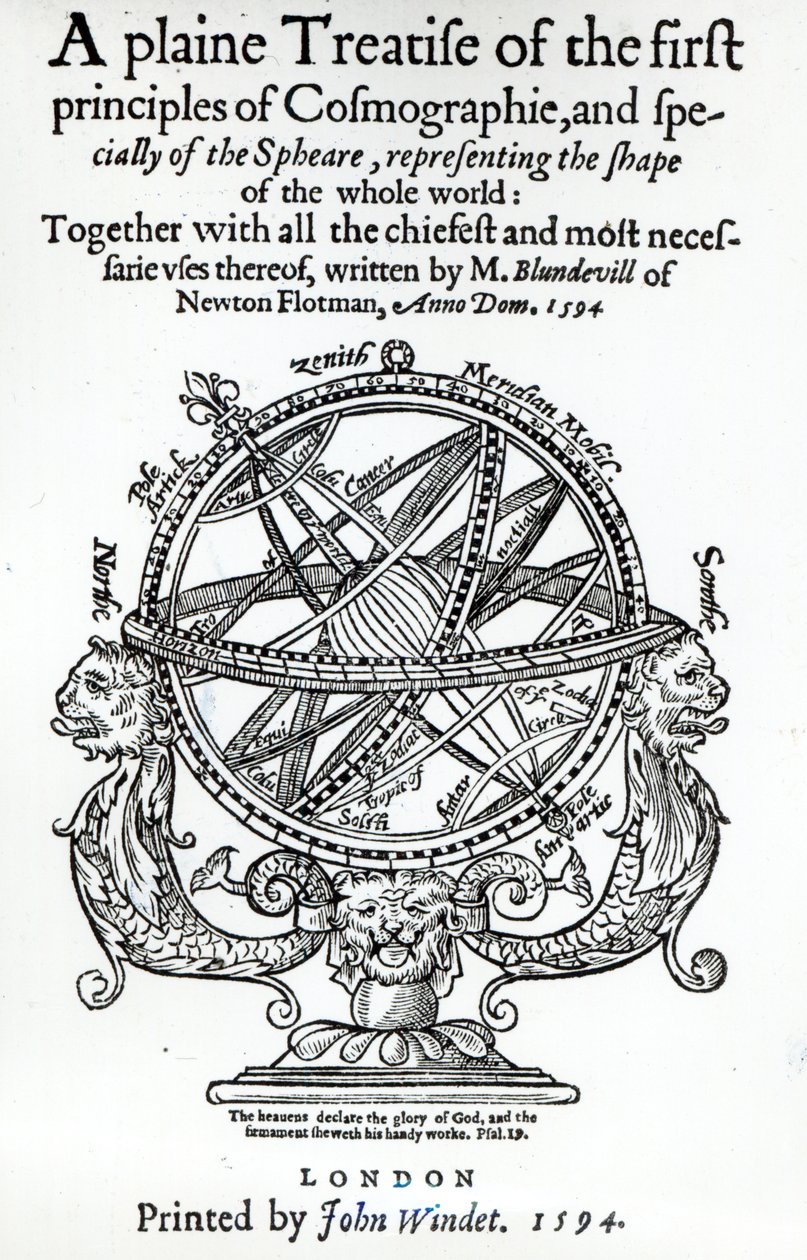 Frontespizio di A Plain Treatise of the First Principles of Cosmographie di Thomas Blundeville, pubblicato nel 1594 da English School