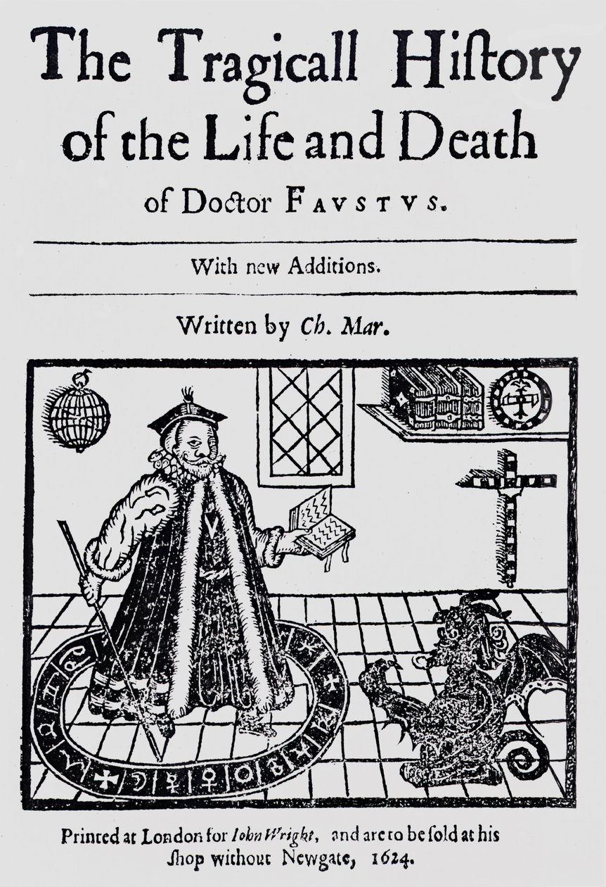 Frontespizio di La tragica storia della vita e della morte del dottor Faustus, di Christopher Marklin, c.1616 da English School