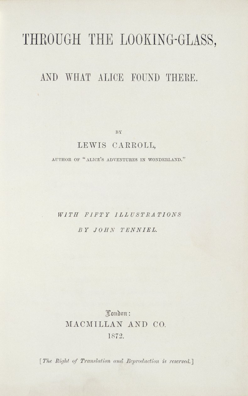 Frontespizio di Alice attraverso lo specchio di Lewis Carroll (1833-98), pubblicato da Macmillan, 1872 da English School