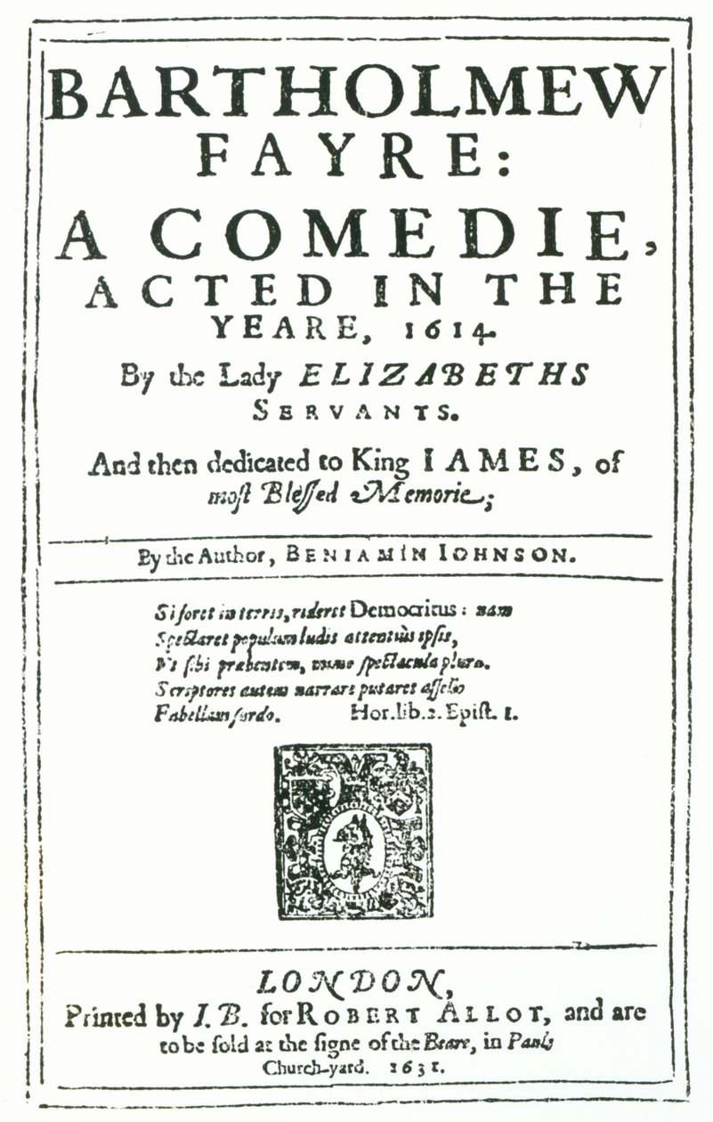 Frontespizio di Bartholomew Fayre: A Comedie di Benjamin Jonson, 1631 da English School