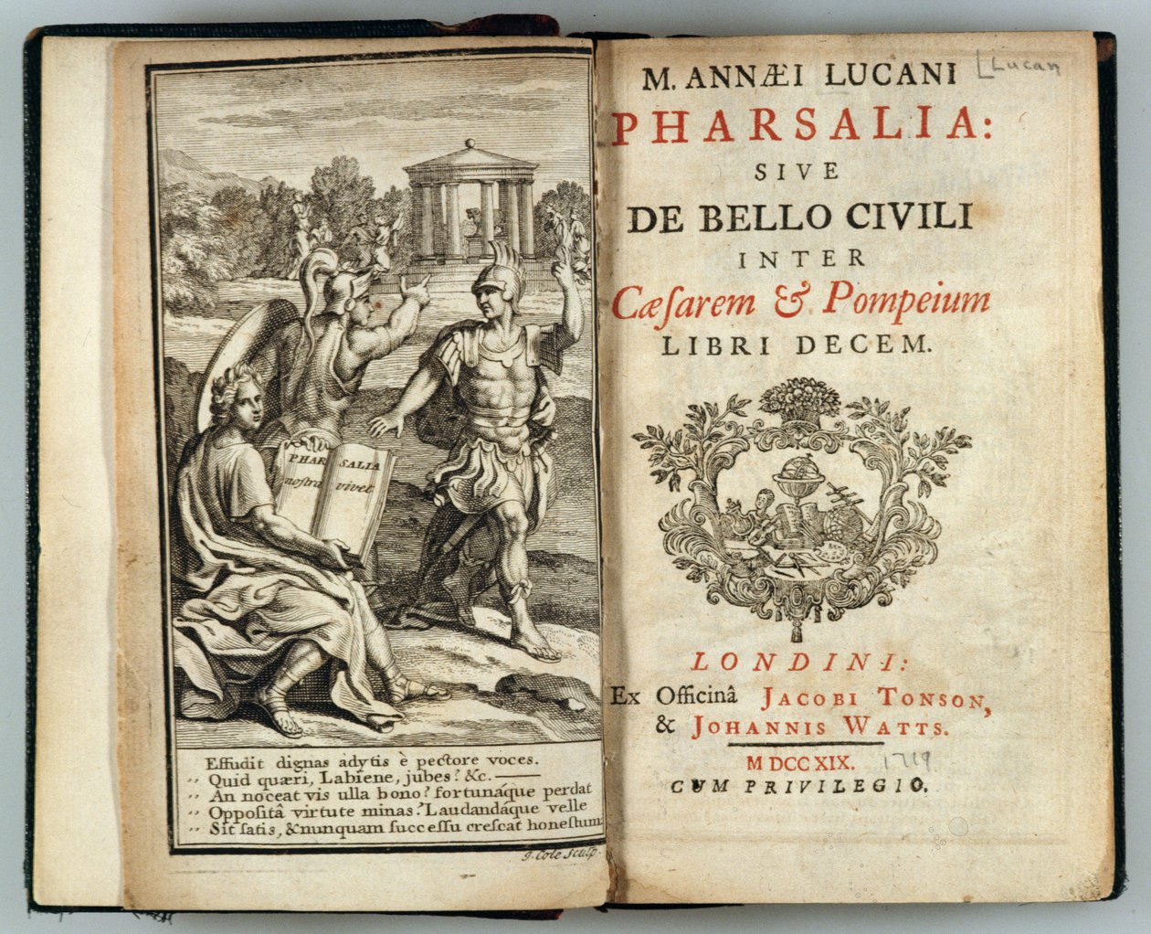 Frontespizio di Pharsalia o La Guerra Civile tra Cesare e Pompeo di Marco Anneo Lucano inciso da J. Cole, 1719 da English School