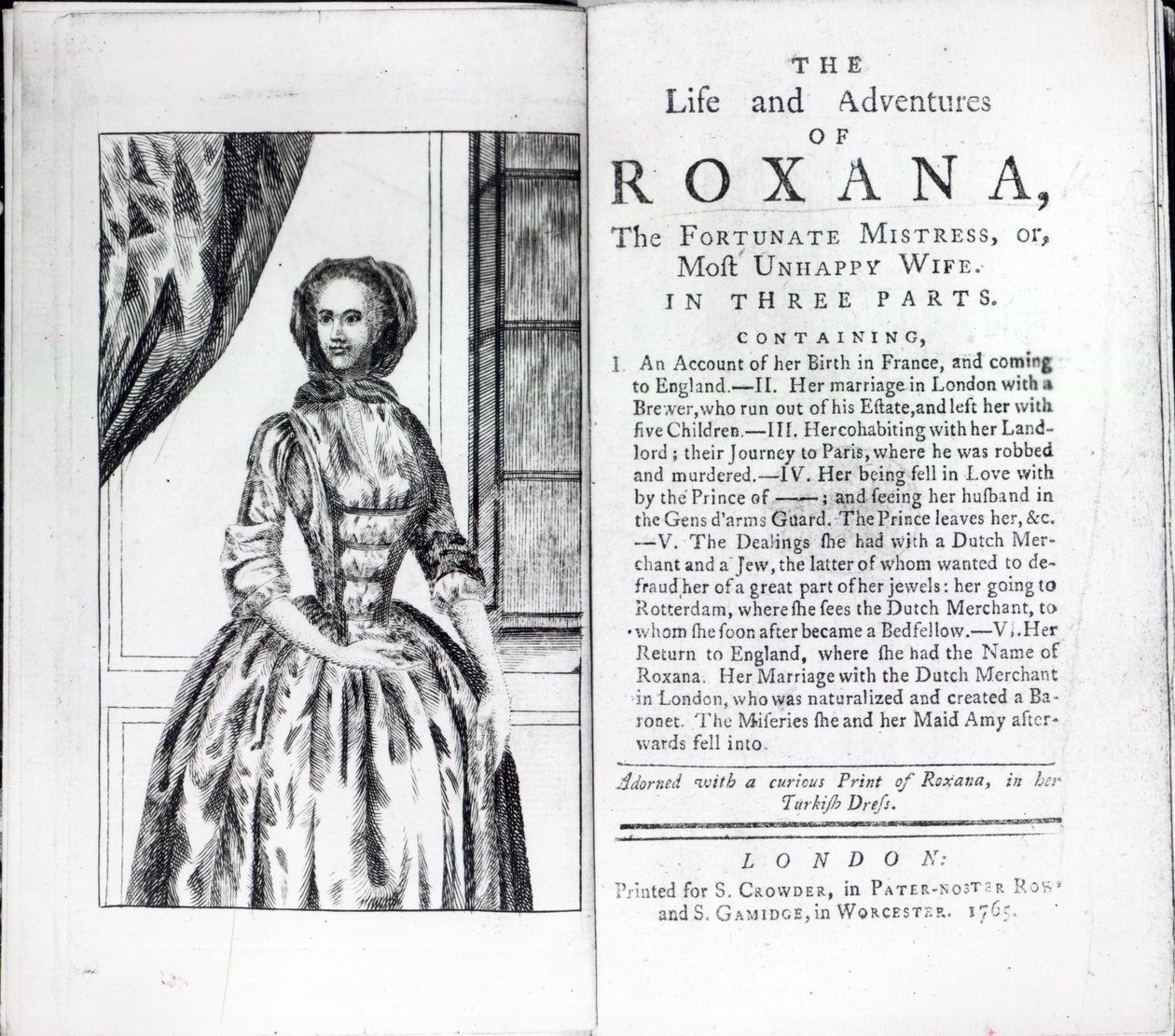 Frontespizio di Roxana, La Fortunata Amante di Daniel Defoe, edizione pubblicata nel 1765 da English School