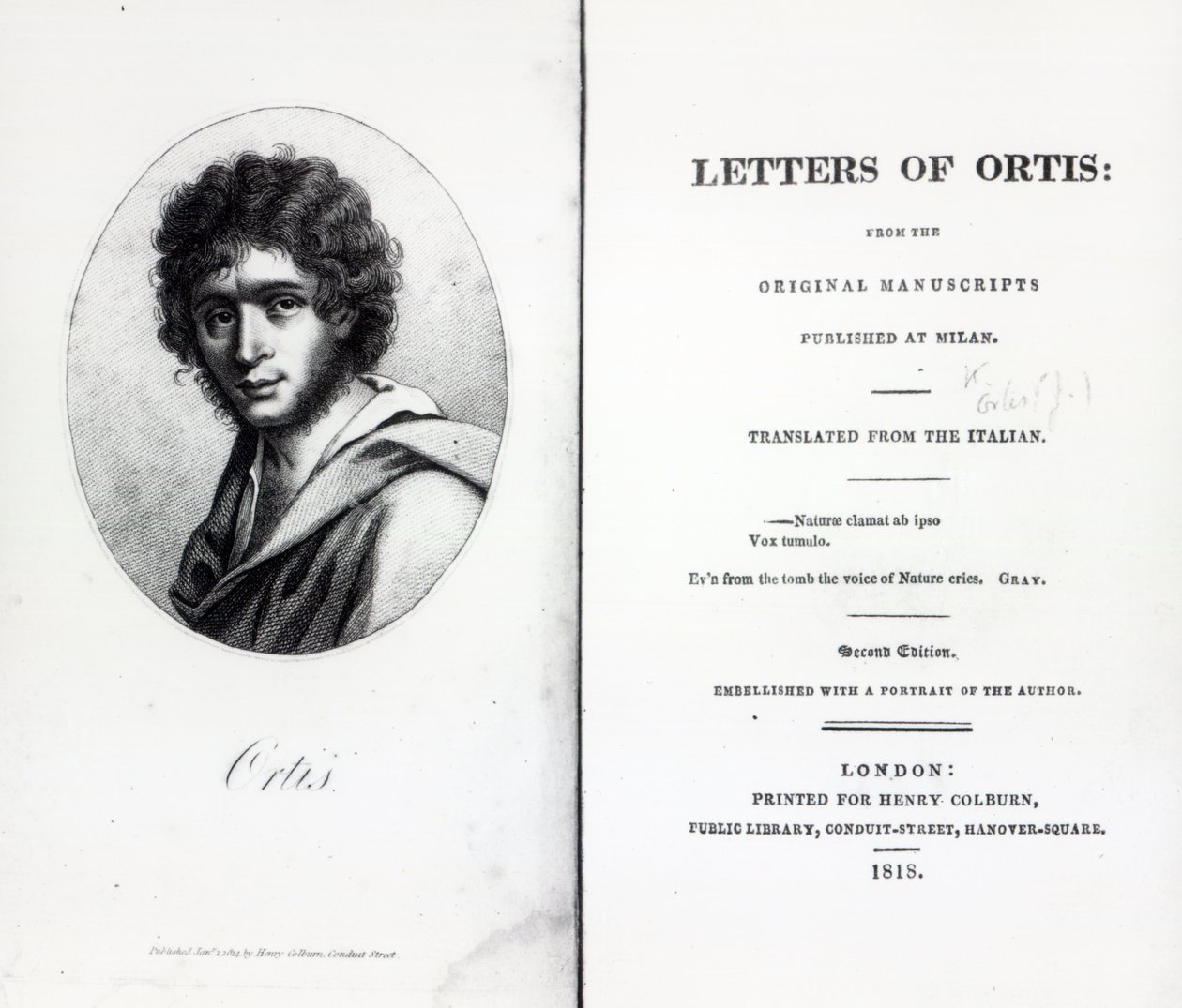 Frontespizio a Le lettere di Ortis di Niccolò Ugo Foscolo, edizione pubblicata nel 1818 da English School