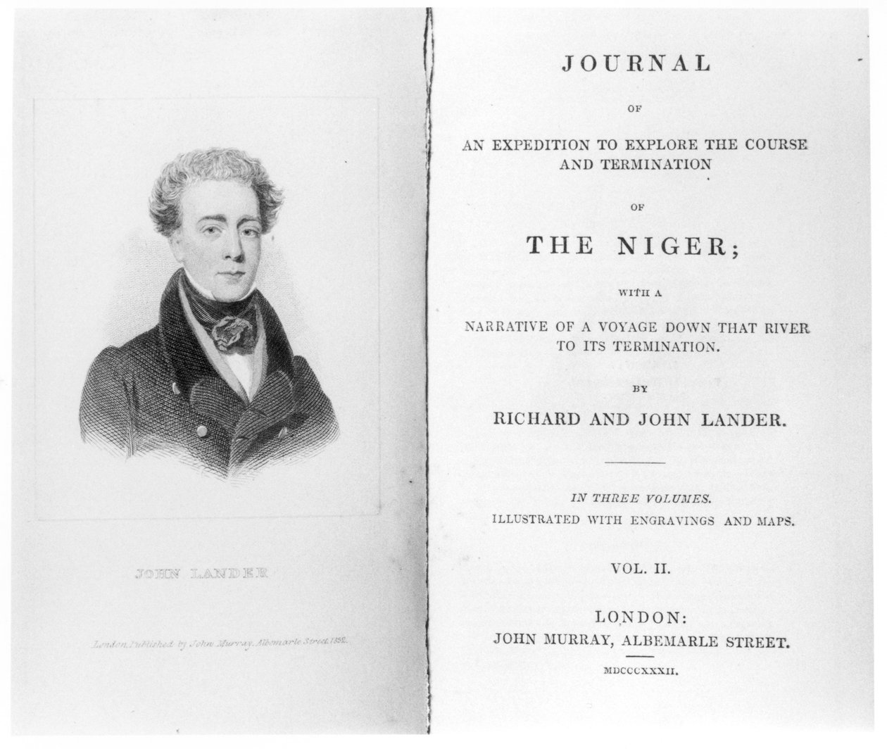 Frontespizio del Volume 2 di Journal of an Expedition to Explore the Course and Termination of The Niger di Richard e John Lander, pubblicato nel 1832 da English School