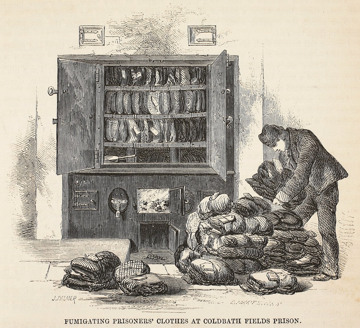 Disinfezione dei vestiti dei prigionieri alla prigione di Coldbath Fields, illustrazione da Le Prigioni Criminali di Londra e Scene dalla Vita Carceraria di Henry Mayhew e John Binny, pub. 1862 da English School