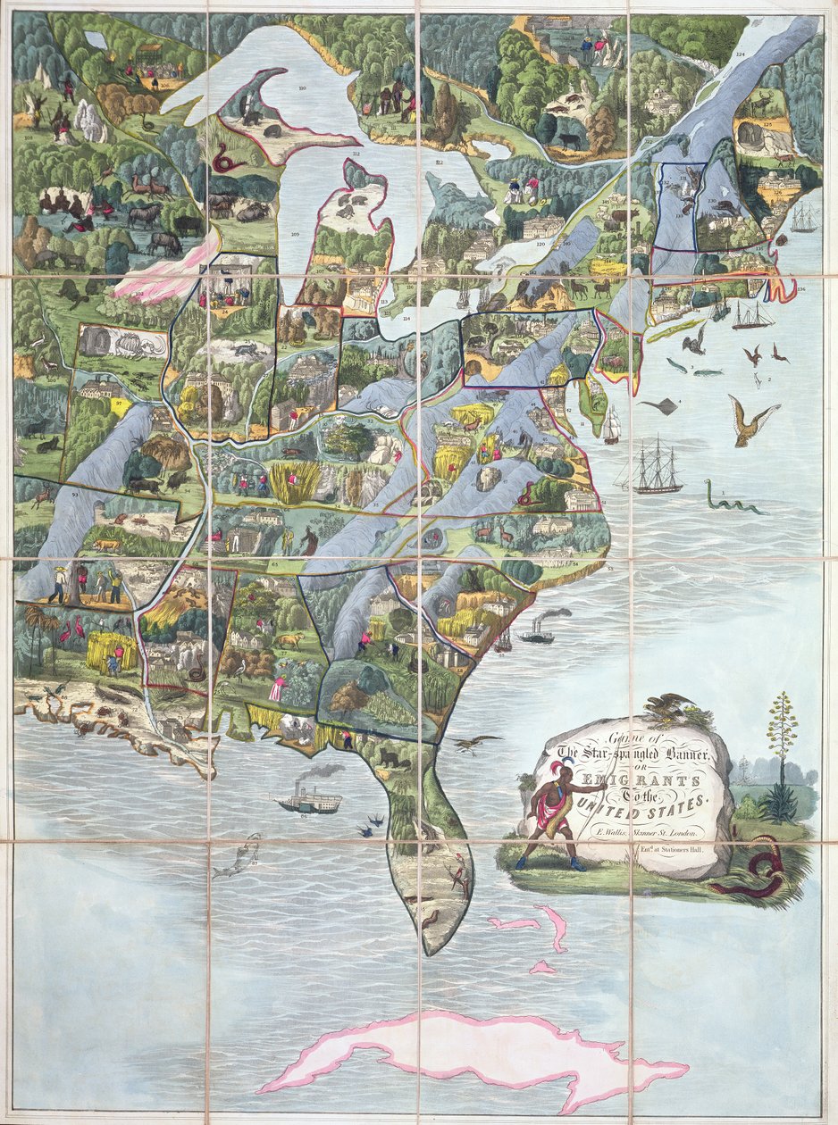 Gioco dello Star-Spangled Banner o Emigranti negli Stati Uniti, gioco da tavolo c.1860 da English School