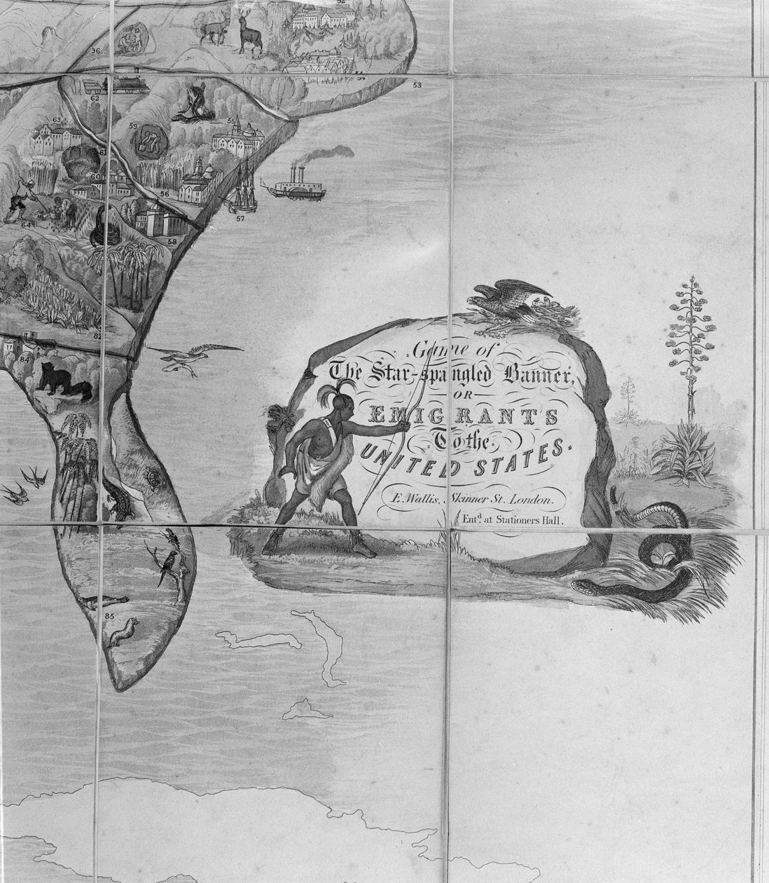 Gioco della bandiera stellata o emigranti negli Stati Uniti, c.1840 (litografia) (dettaglio) da English School