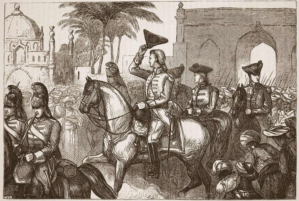Il Generale Goddard entra a Surat, illustrazione da Cassells Illustrated History of India di James Grant, pub. 1879 da English School