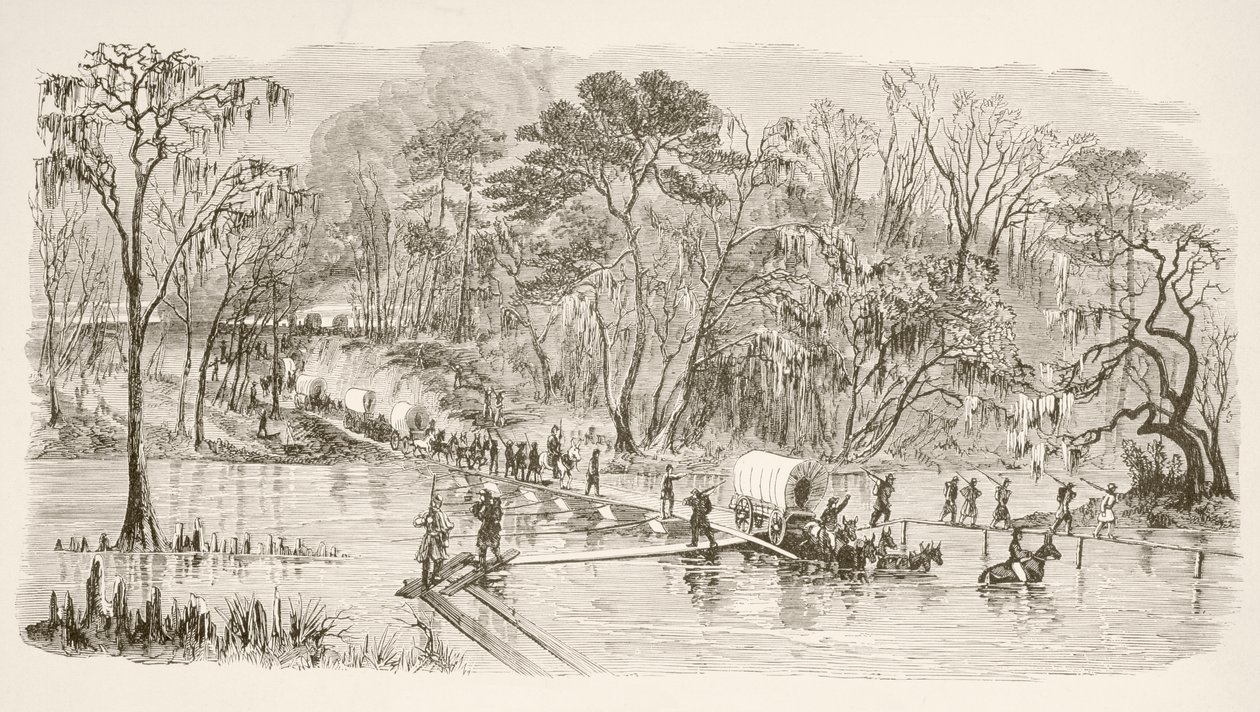 Le truppe del generale Sherman attraversano il fiume Edisto durante la Marcia verso il Mare (litografia) da English School