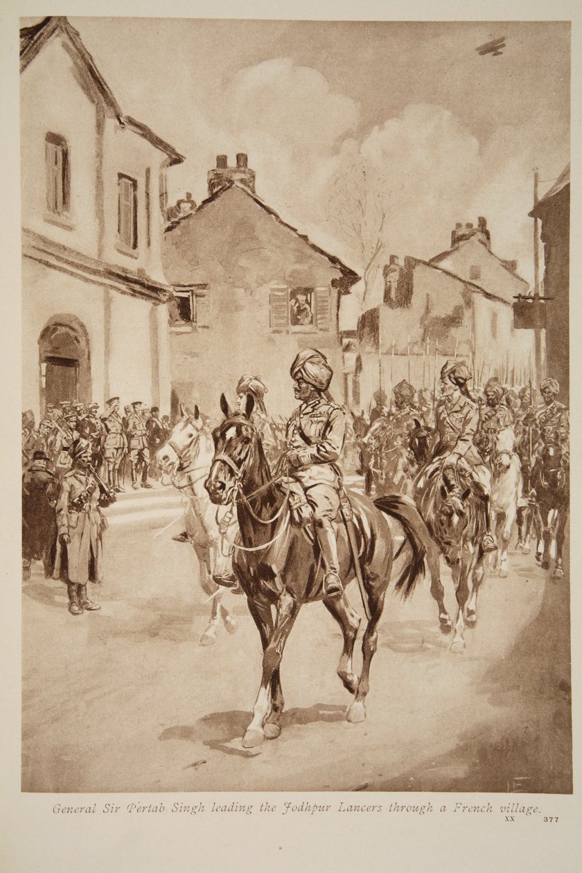 Generale Sir Pertab Singh che guida i Lancieri di Jodhpur attraverso un villaggio francese, 1914-19 da English School