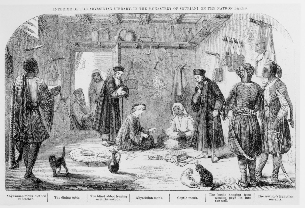 George Curzon ispeziona i libri nella biblioteca abissina del monastero di Souriani, da Visite ai monasteri nel Levante, pubblicato nel 1849 da English School