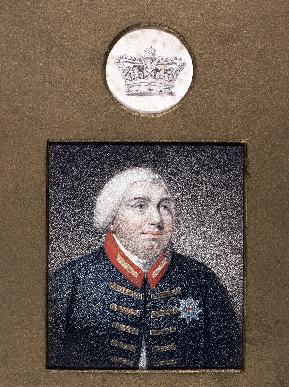 Giorgio III (1738-1820) in uniforme di Windsor, c.1790 (incisione a puntini colorata) da English School